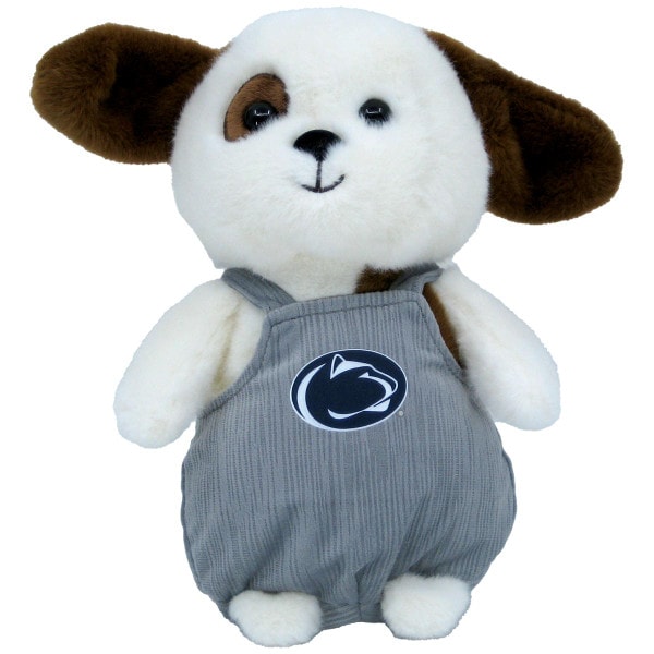 plush stuffed dog with Penn State overalls